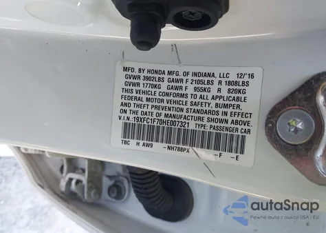 2017 Honda Civic Ex-L z USA, uszkodzony, nr VIN 19XFC1F70HE007321